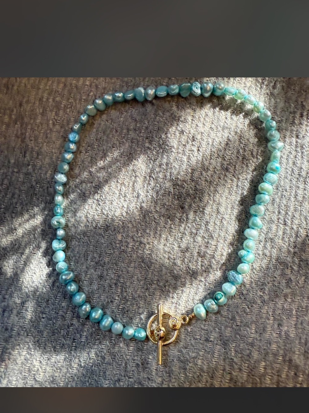 Hand made Gold Toggle Blue Pearl Necklace